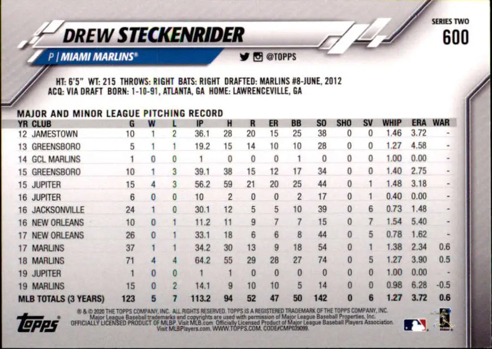 2020 Topps #600 Drew Steckenrider NM-MT Miami Marlins Baseball Card - Baseball Card Single