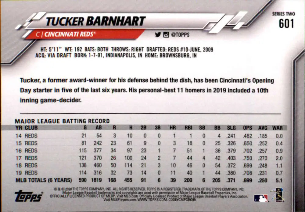 2020 Topps #601 Tucker Barnhart NM-MT Cincinnati Reds Baseball Card - Baseball Card Single
