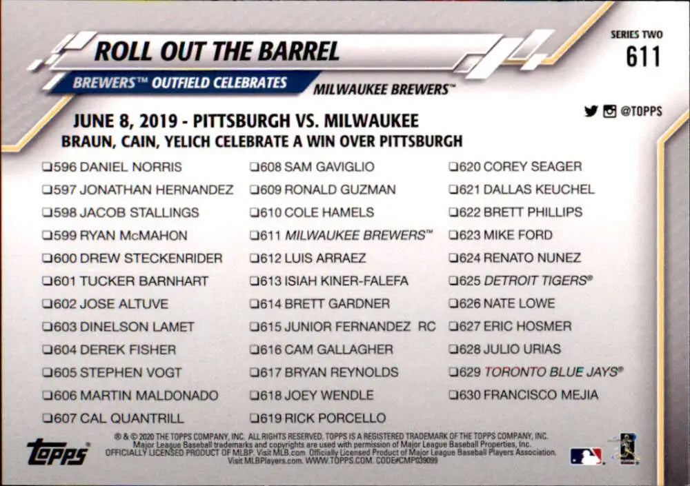 2020 Topps #611 Roll Out The Barrel NM-MT Milwaukee Brewers Baseball Card - Baseball Card Single