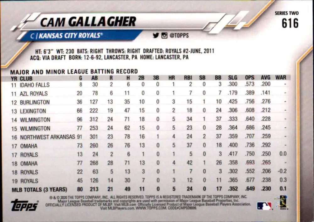 2020 Topps #616 Cam Gallagher NM-MT Kansas City Royals Baseball Card - Baseball Card Single
