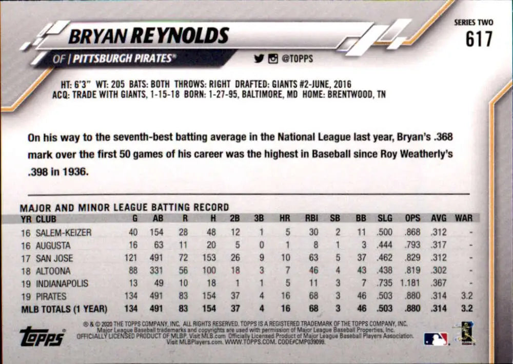 2020 Topps #617 Bryan Reynolds NM-MT Pittsburgh Pirates Baseball Card - Baseball Card Single