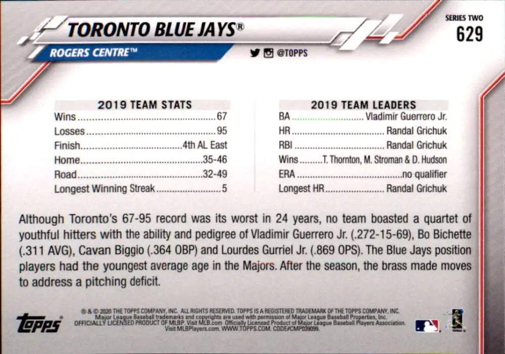 2020 Topps #629 Toronto Blue Jays NM-MT Toronto Blue Jays Baseball Card - Baseball Card Single