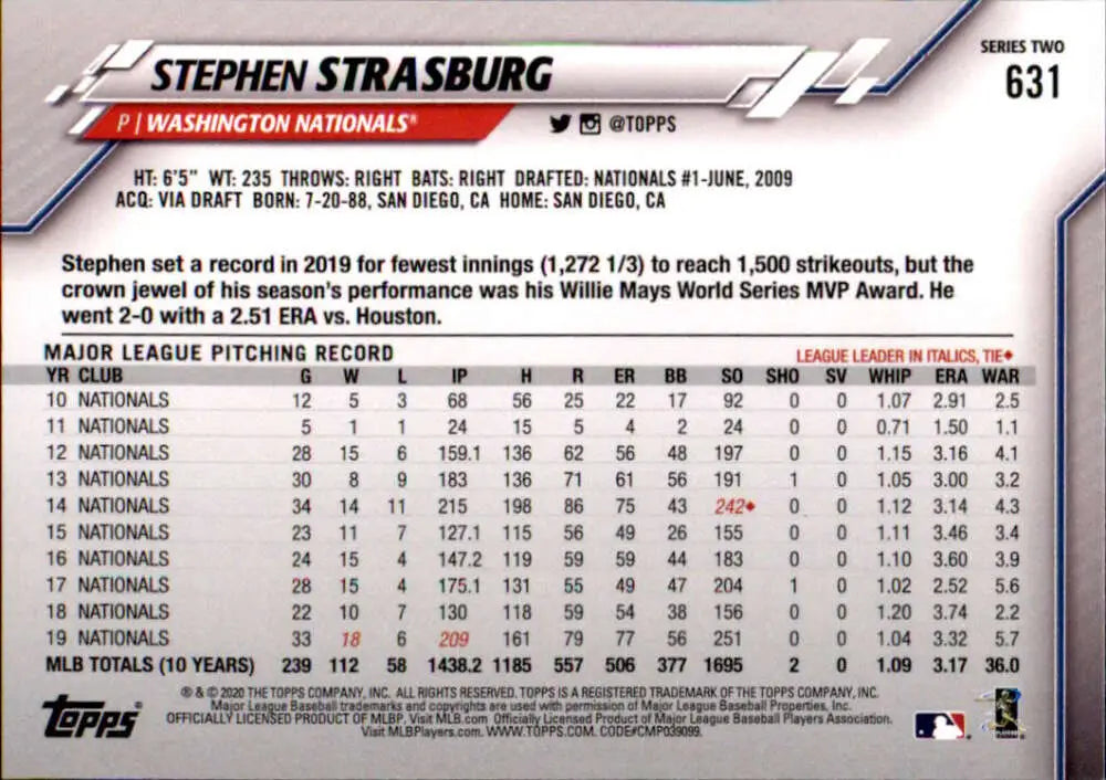 2020 Topps #631 Stephen Strasburg NM-MT Washington Nationals Baseball Card - Baseball Card Single