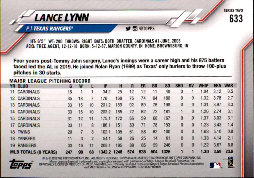2020 Topps #633 Lance Lynn NM-MT Texas Rangers Baseball Card - Baseball Card Single