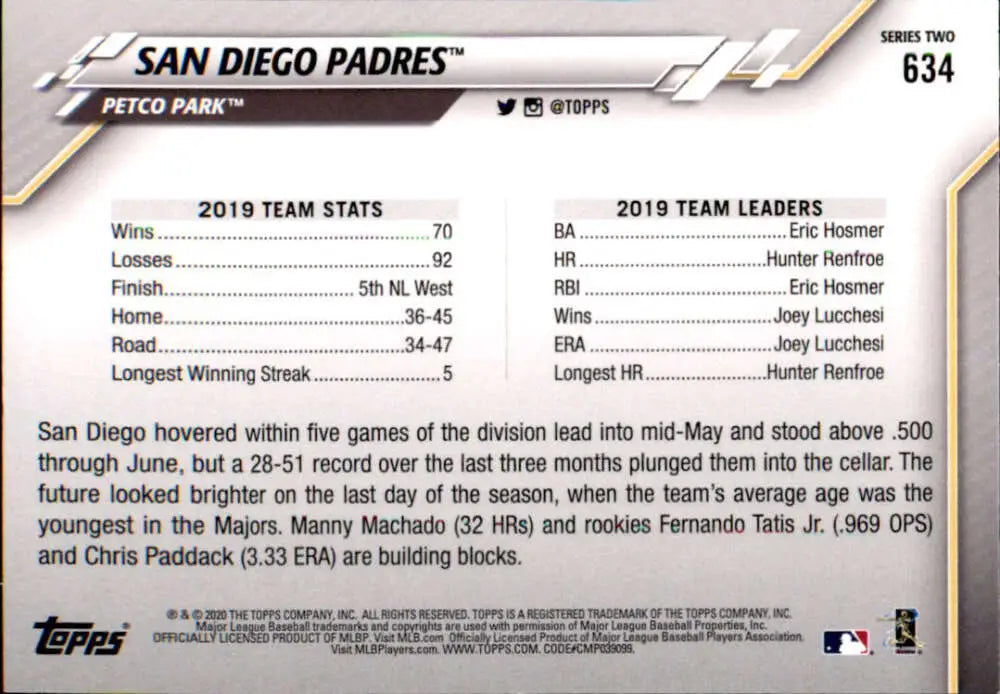 2020 Topps #634 San Diego Padres NM-MT San Diego Padres Baseball Card - Baseball Card Single