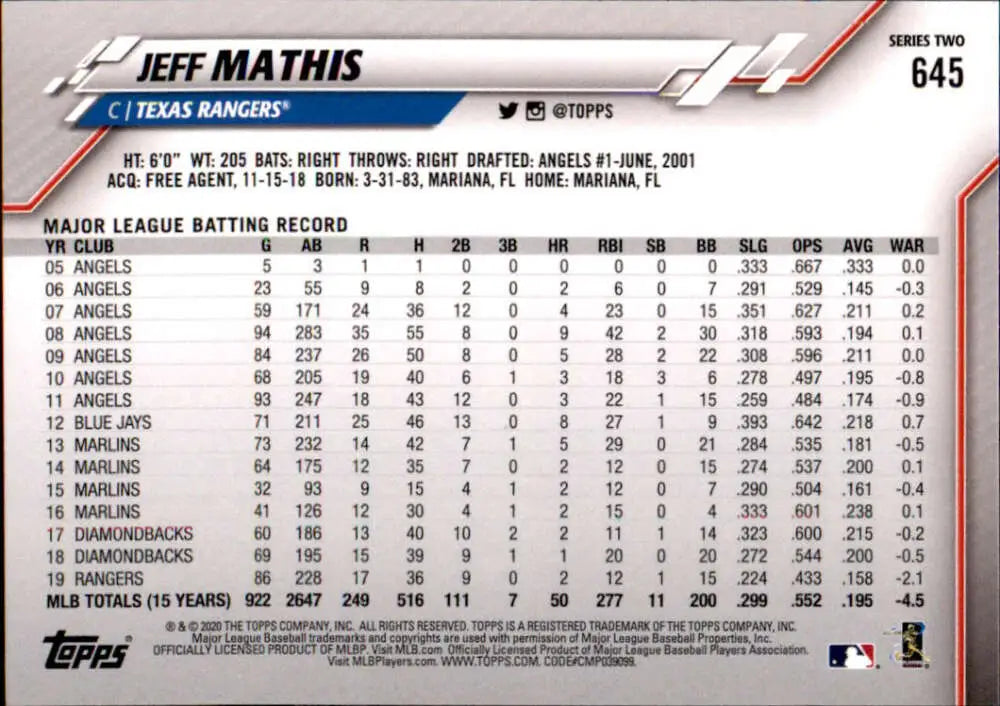 2020 Topps #645 Jeff Mathis NM-MT Texas Rangers Baseball Card - Baseball Card Single
