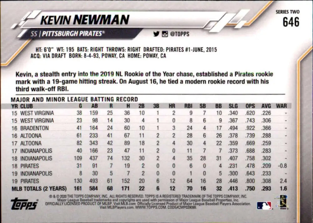 2020 Topps #646 Kevin Newman NM-MT Pittsburgh Pirates Baseball Card - Baseball Card Single