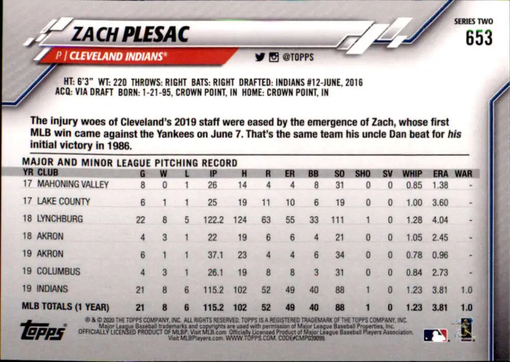 2020 Topps #653 Zach Plesac NM-MT Cleveland Indians Baseball Card - Baseball Card Single