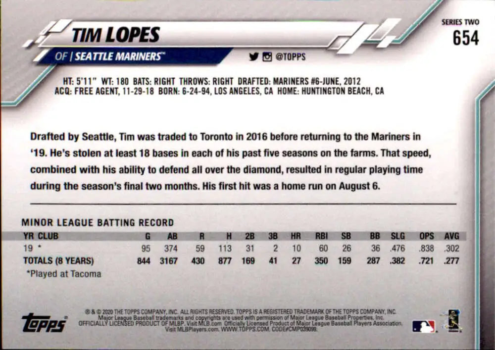 2020 Topps #654 Tim Lopes NM-MT RC Rookie Seattle Mariners Baseball Card - Baseball Card Single