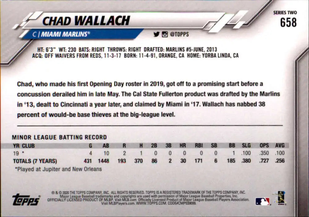 2020 Topps #658 Chad Wallach NM-MT RC Rookie Miami Marlins Baseball Card - Baseball Card Single