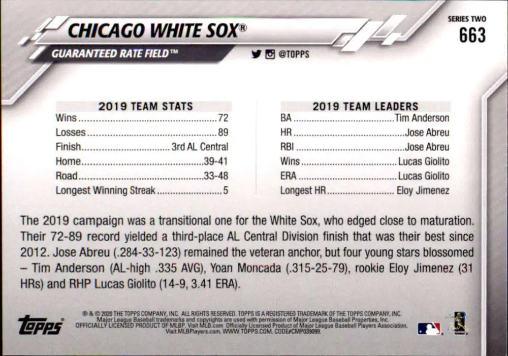 2020 Topps #663 Chicago White Sox NM-MT Chicago White Sox Baseball Card - Baseball Card Single