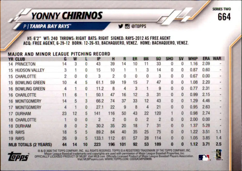 2020 Topps #664 Yonny Chirinos NM-MT Tampa Bay Rays Baseball Card - Baseball Card Single