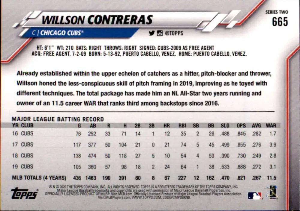 2020 Topps #665 Willson Contreras NM-MT Chicago Cubs Baseball Card - Baseball Card Single