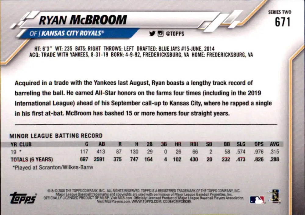2020 Topps #671 Ryan McBroom NM-MT RC Rookie Kansas City Royals Baseball Card - Baseball Card Single