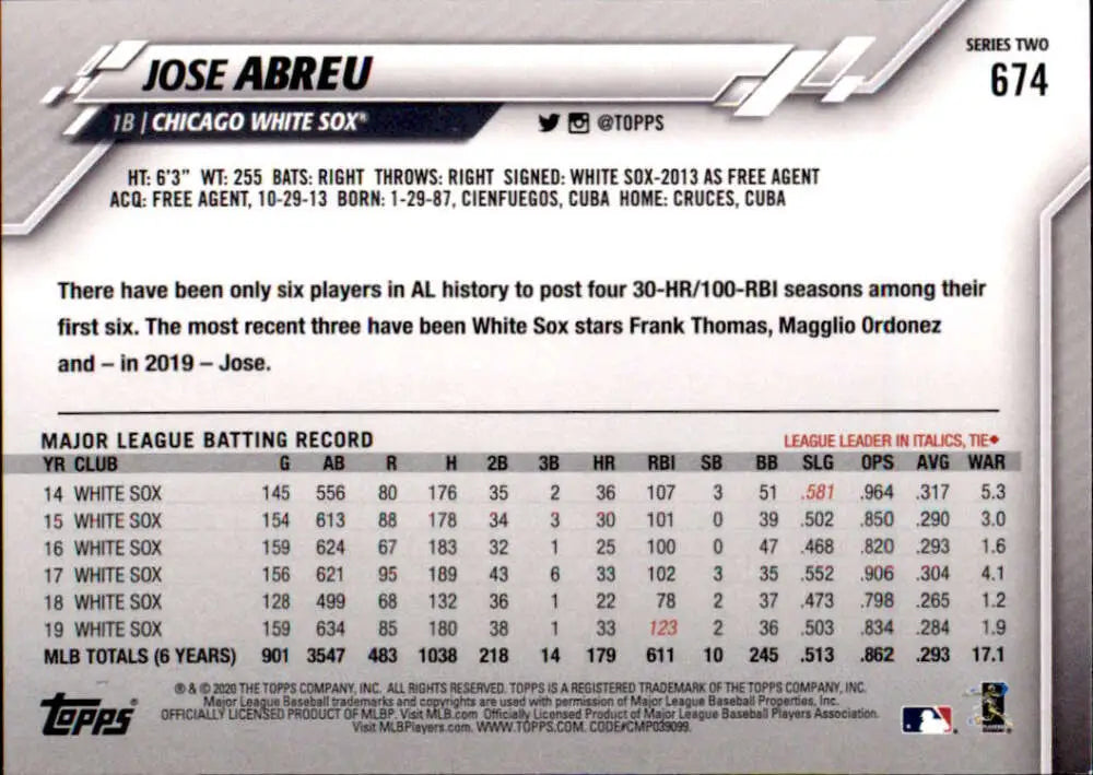 2020 Topps #674 Jose Abreu NM-MT Chicago White Sox Baseball Card - Baseball Card Single