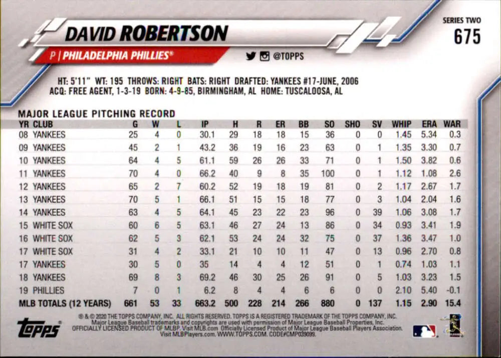 2020 Topps #675 David Robertson NM-MT Philadelphia Phillies Baseball Card - Baseball Card Single