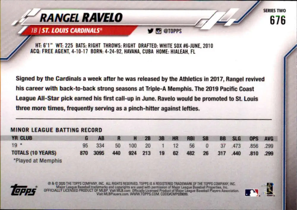 2020 Topps #676 Rangel Ravelo NM-MT RC Rookie St. Louis Cardinals Baseball Card - Baseball Card Single