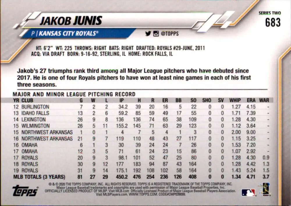 2020 Topps #683 Jakob Junis NM-MT Kansas City Royals Baseball Card - Baseball Card Single