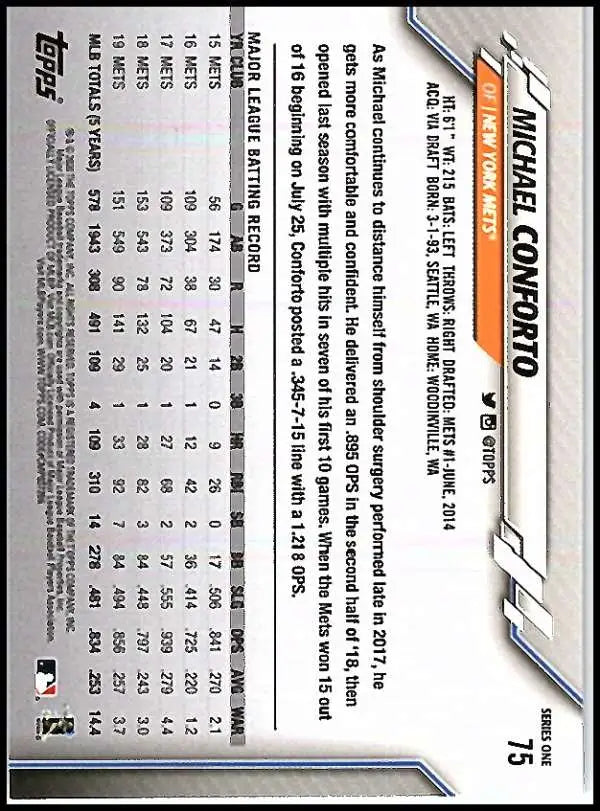 2020 Topps #75 Michael Conforto NM-MT New York Mets Baseball Card - Baseball Card Single