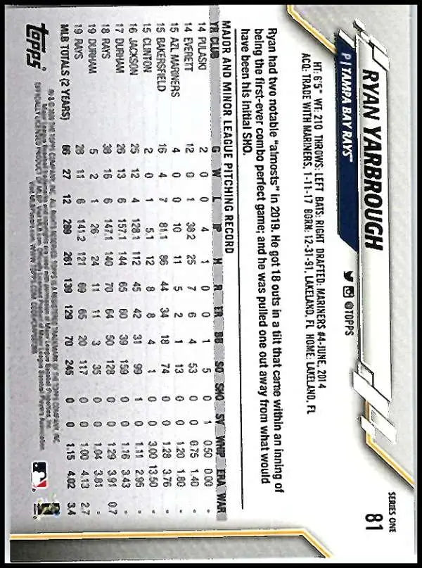 2020 Topps #81 Ryan Yarbrough NM-MT Tampa Bay Rays Baseball Card - Baseball Card Single
