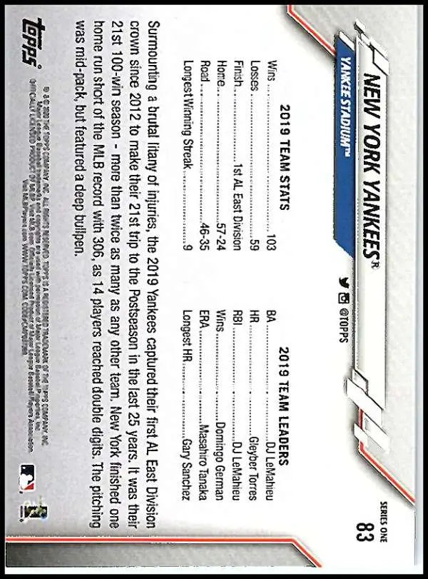 2020 Topps #83 New York Yankees NM-MT Baseball Card - Baseball Card Single
