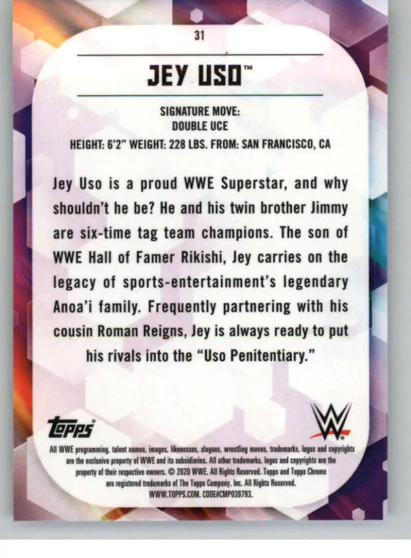 2020 Topps Chrome #31 Jey Uso NM-MT Wrestling Card - Wrestling Card Single