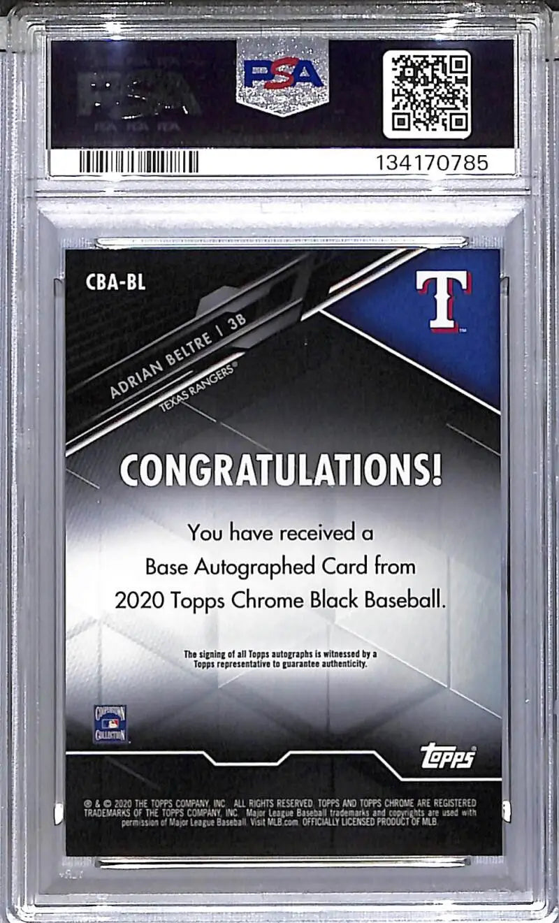 2020 Topps Chrome Black #CBA-BL Adrian Beltre PSA 9 MINT Auto Texas Rangers - Baseball Card Single
