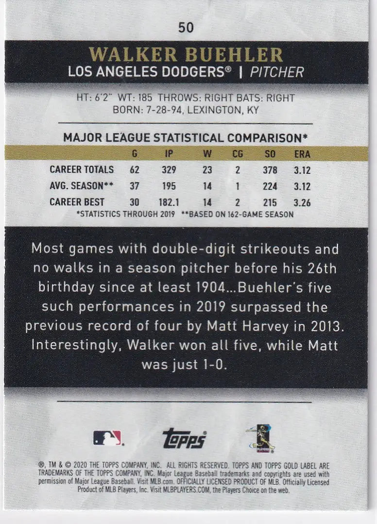 2020 TOPPS GOLD LABEL #50 WALKER BUEHLER- LOS ANGELES DODGERS - Baseball Card Single