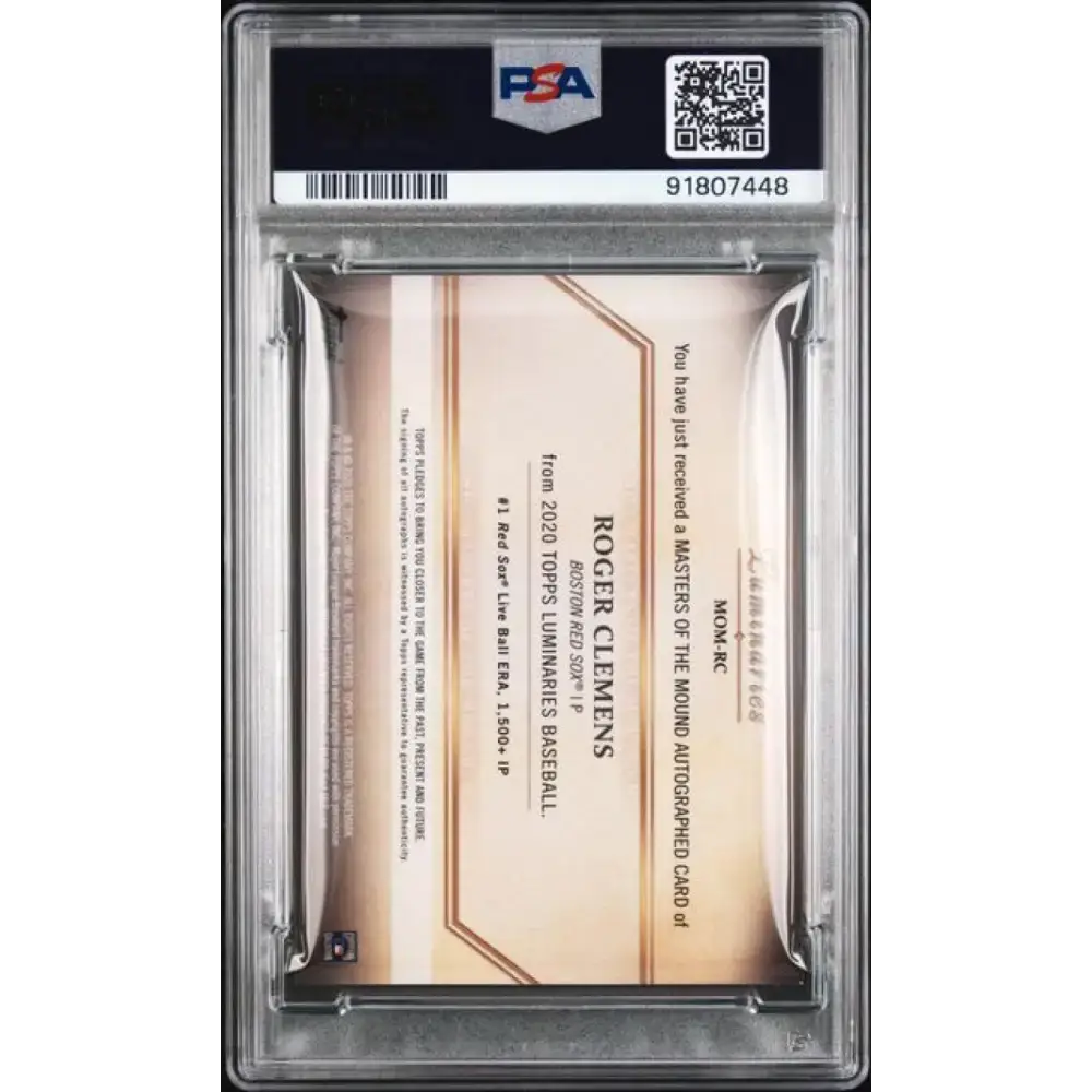 2020 Topps Luminaries Masters of the Mound #MOM-RC Roger Clemens PSA 9 MINT Auto 8/15 Boston Red Sox Baseball Card