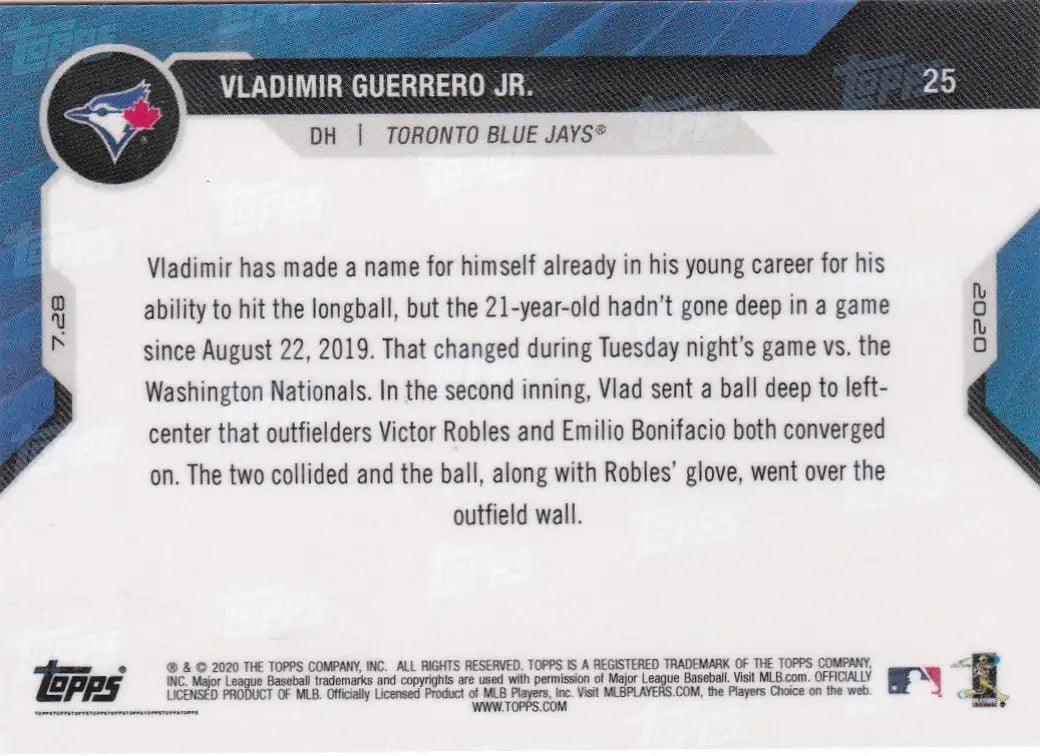 2020 TOPPS NOW #25 VLADIMIR GUERRERO JR TORONTO BLUE JAYS - Baseball Card Single