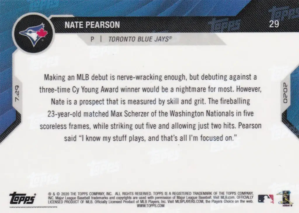2020 TOPPS NOW #29 NATE PEARSON- TORONTO BLUE JAYS - Baseball Card Single