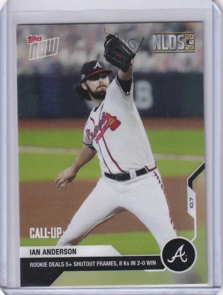 Baseball card of Ian Anderson mid-throw for the Atlanta Braves 2020 Topps Now #379
