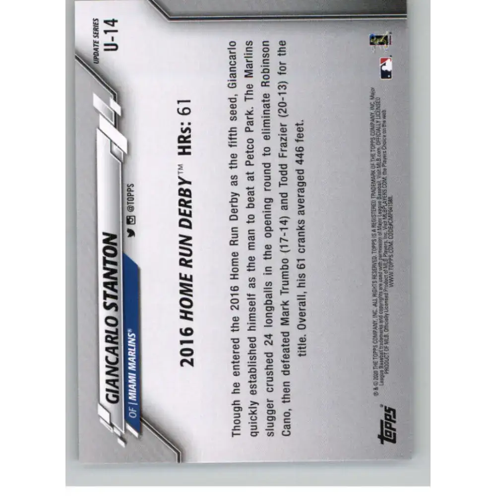 2020 Topps Update #U-14 Giancarlo Stanton NM-MT Miami Marlins Baseball Card - Baseball Card Single