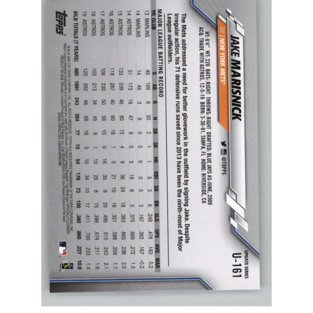 2020 Topps Update #U-161 Jake Marisnick NM-MT New York Mets Baseball Card - Baseball Card