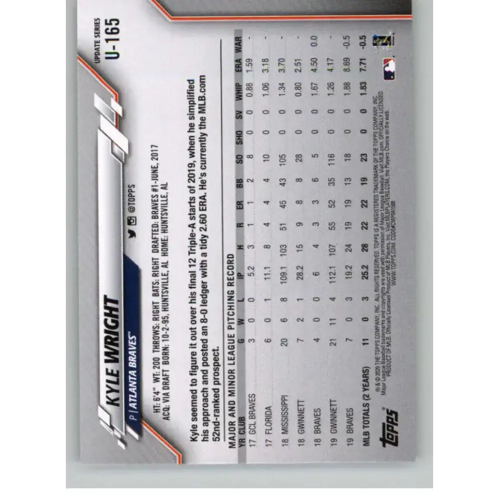 2020 Topps Update #U-165 Kyle Wright NM-MT Atlanta Braves Baseball Card - Baseball Card Single