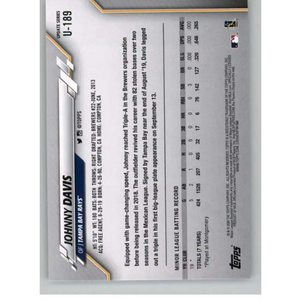 2020 Topps Update #U-189 Johnny Davis NM-MT RC Rookie Tampa Bay Rays Baseball Card - Baseball Card Single