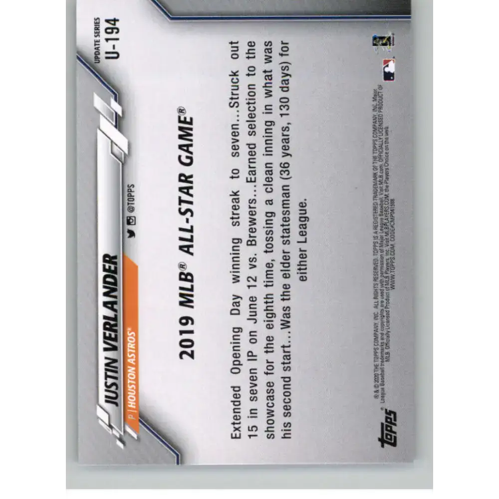 2020 Topps Update #U-194 Justin Verlander NM-MT Houston Astros Baseball Card - Baseball Card Single