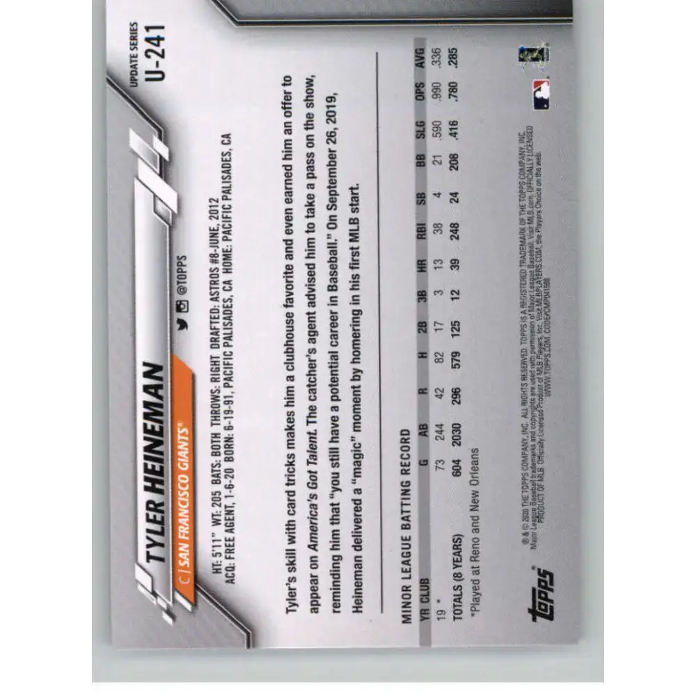 2020 Topps Update #U-241 Tyler Heineman NM-MT RC Rookie San Francisco Giants Baseball Card - Baseball Card Single