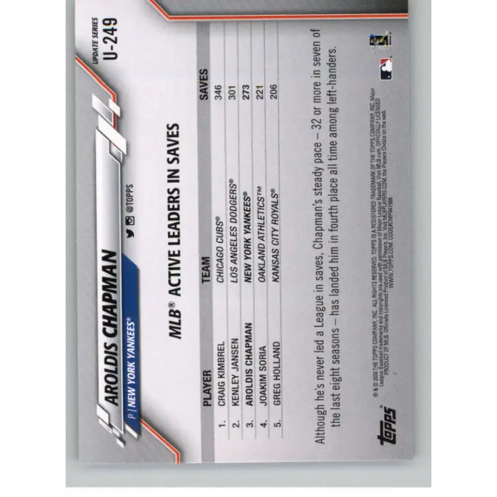 2020 Topps Update #U-249 Aroldis Chapman NM-MT New York Yankees Baseball Card - Baseball Card