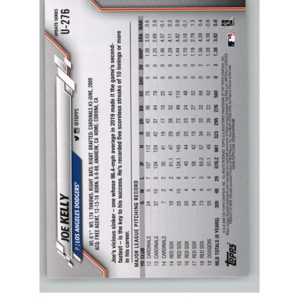 2020 Topps Update #U-276 Joe Kelly NM-MT Los Angeles Dodgers Baseball Card - Baseball Card Single