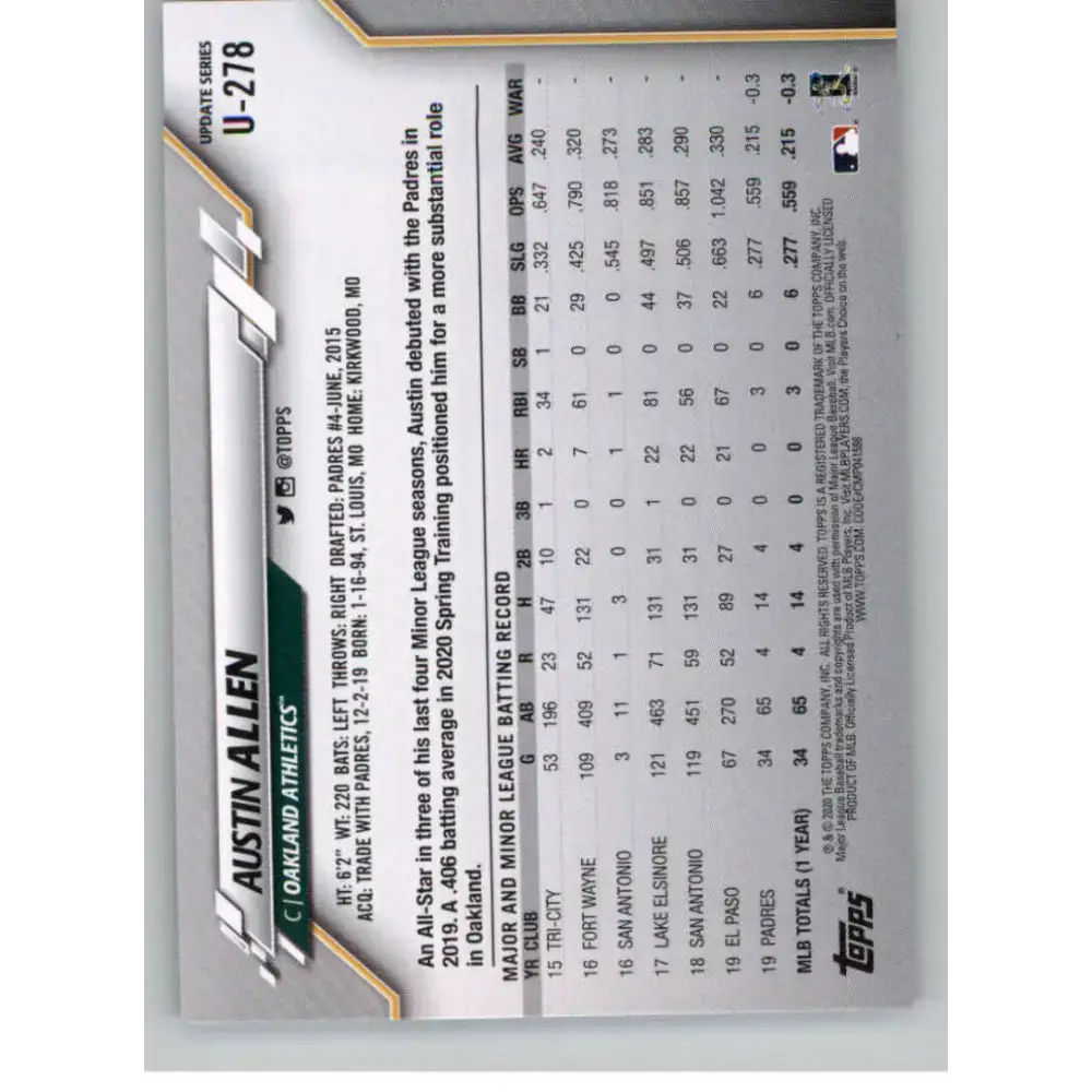 2020 Topps Update #U-278 Austin Allen NM-MT Oakland Athletics Baseball Card - Baseball Card Single