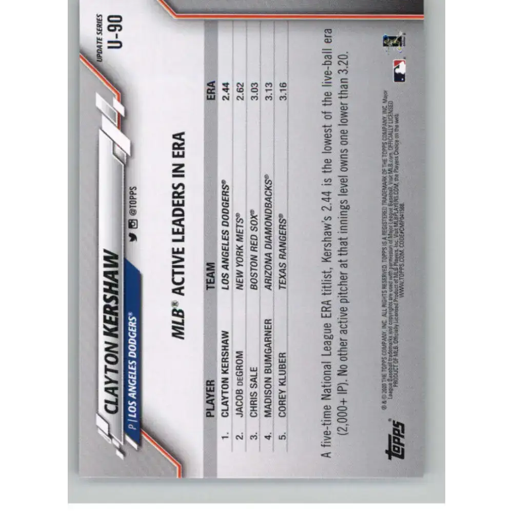 2020 Topps Update #U-90 Clayton Kershaw NM-MT Los Angeles Dodgers Baseball Card - Baseball Card Single