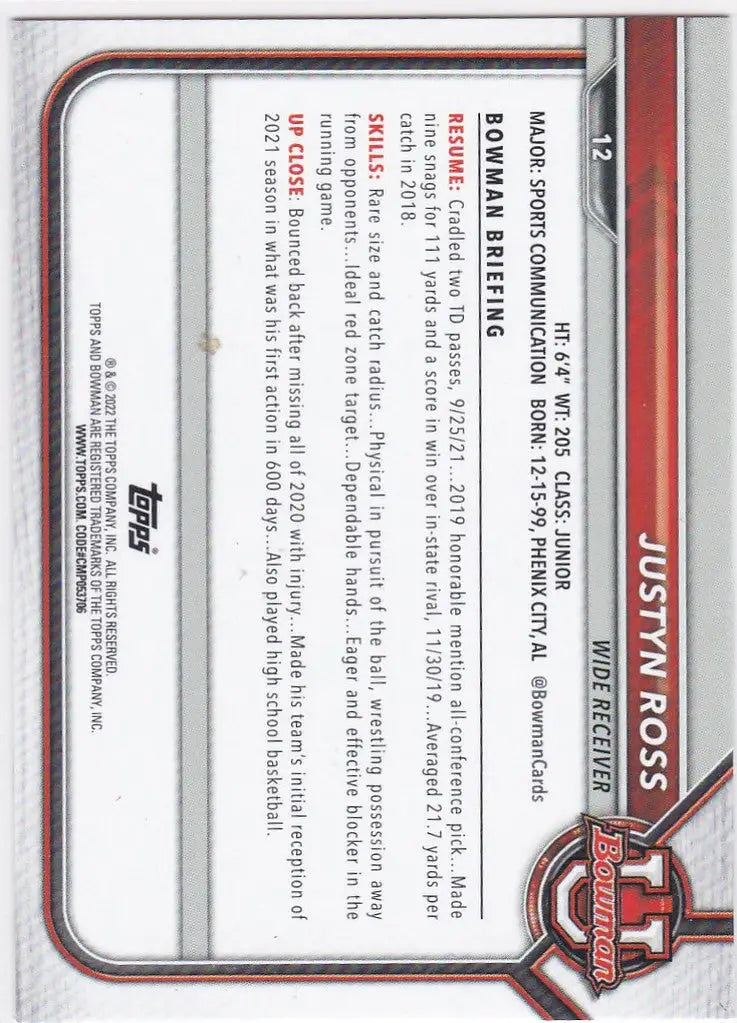 Baseball trading card of Justyn Ross from 2021-22 Bowman University series