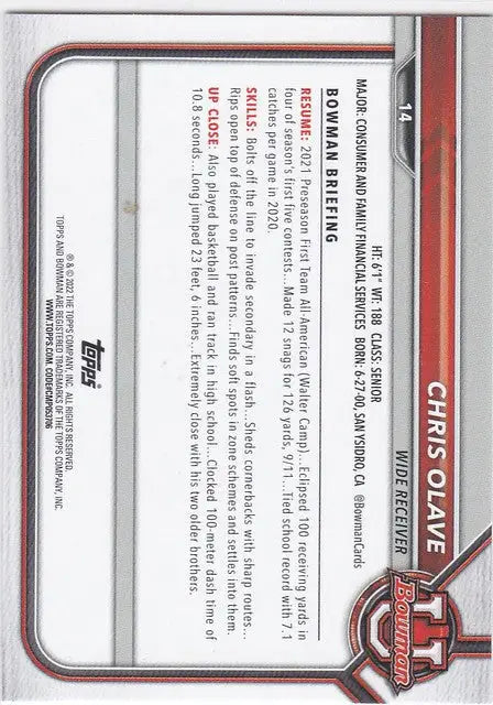 Baseball trading card of Chris Olave Ohio State Buckeyes 2021-22 Bowman University #14