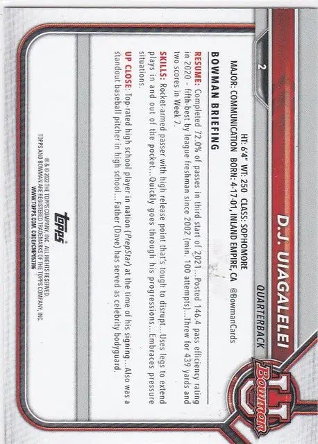 Baseball trading card featuring D.J. Uiagalelei Clemson from Bowman University series