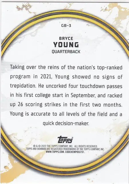 Football trading card of Bryce Young Golden Boy Alabama QB from 2021-22 Bowman University
