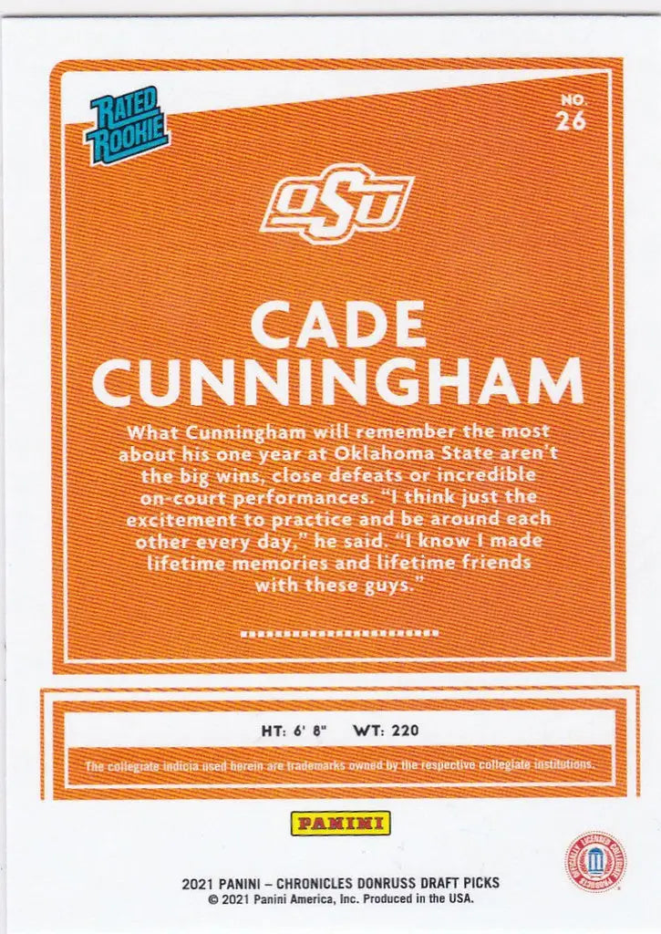 2021-22 Chronicles Draft #26 Cade Cunningham RC Detroit Pistons - Basketball Card Single