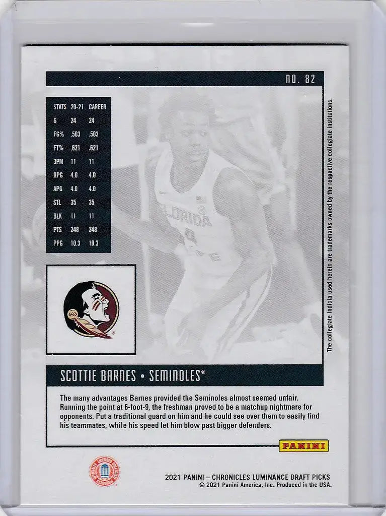 2021-22 Chronicles Draft Picks Luminance #82 Scottie Barnes Florida State - Basketball Card Single