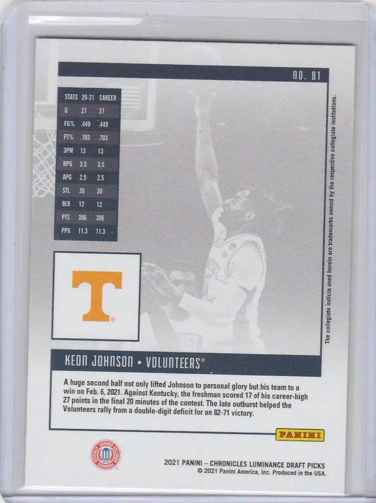 Sports trading card of Keon Johnson Tennessee from Chronicles Draft Picks Luminance Pink