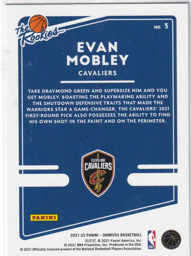 2021-22 DONRUSS #3 EVAN MOBLEY- CLEVELAND CAVALIERS - Basketball Card Single